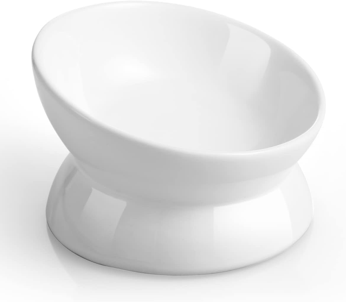 Elevated Cat Food Bowl, 5 Oz Ceramic Raised and Tilted Water Bowl, Anti Vomiting and Protect Pets’ Spines Dishes for Small Dog, Fat Faced Cat, Kitten (White, 1 Pack)