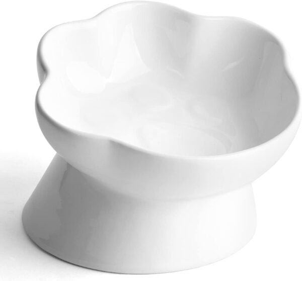 Elevated Cat Food Bowl, 5 Oz Ceramic Raised and Tilted Water Bowl, Anti Vomiting and Protect Pets’ Spines Dishes for Small Dog, Fat Faced Cat, Kitten (White, 1 Pack)