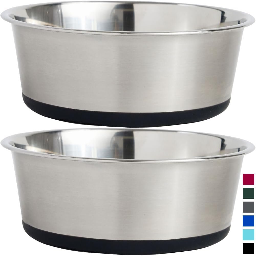 Stainless Steel Metal Dog Bowl Set of 2, Rubber Base, Heavy Duty, Rust Resistant, Food Grade BPA Free, Less Sliding, Quiet Pet Bowls for Cats and Dogs, Holds 3 Cups (24 fl oz), Black