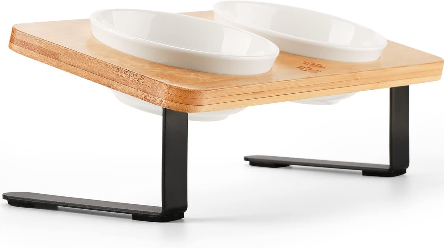 Ceramic Elevated Cat Bowls, 10?? Tilted Raised Cat Food Bowls for Food and Water, Indoor Cat Dishes with Bamboo Stand Anti Vomiting for Cats and Puppy, Pet Bowl Set with Anti Slip Feet, Dishwasher Safe