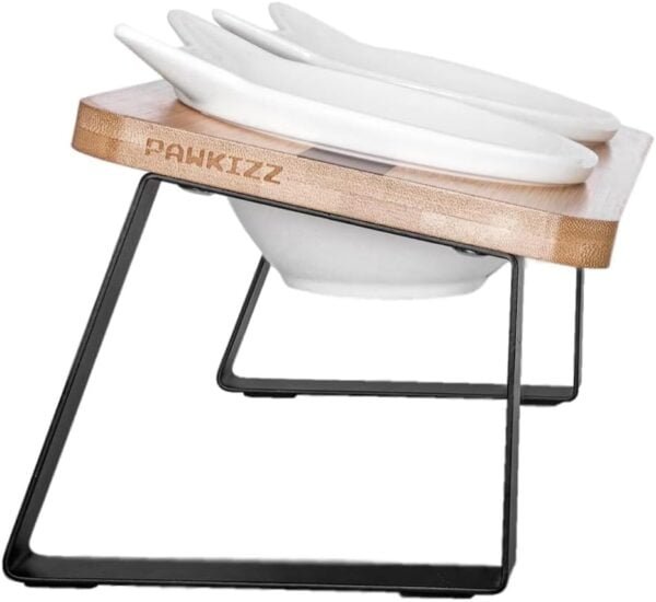 Elevated Cat Ceramic Bowls Stand for Food and Water, Small Dog, Anti Vomit, Indoor cats, Tilted Feeding Position, Full Bamboo Body Stand with Food Grade, Whisker Friendly Dish for Cats and Puppy