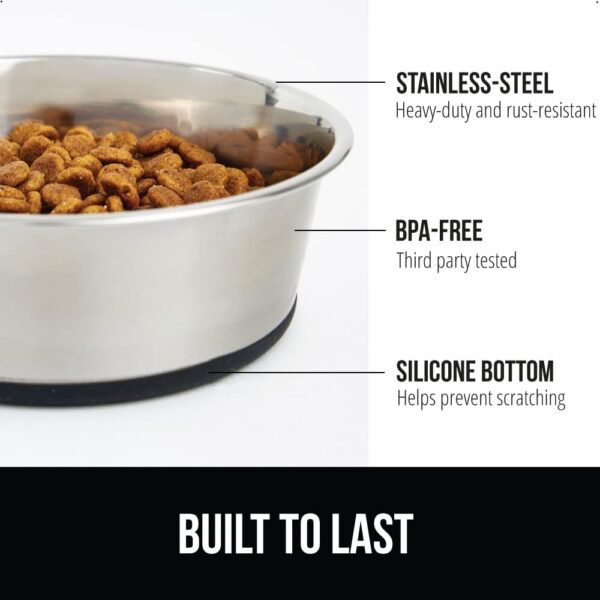 Stainless Steel Metal Dog Bowl Set of 2, Rubber Base, Heavy Duty, Rust Resistant, Food Grade BPA Free, Less Sliding, Quiet Pet Bowls for Cats and Dogs, Holds 3 Cups (24 fl oz), Black