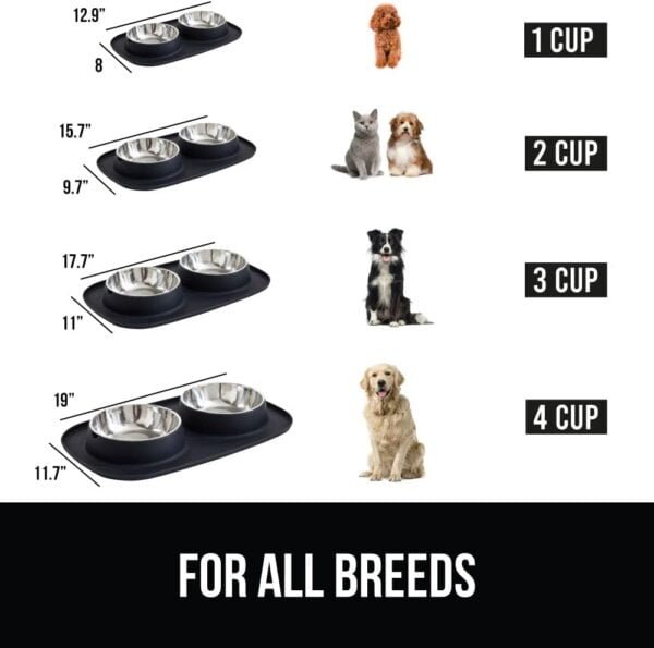 100% Waterproof BPA Free Cat and Dog Bowls Silicone Feeding Mat Set, Stainless Steel Bowl Slip Resistant Raised Edges, Catch Water, Food Mess, No Spills, Pet Accessories, 1 Cup, Black