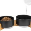 Ceramic Pet Bowls for Dog and Cat, Raised Dog Food and Water Bowl Set with Anti-Slip Wooden Stand, Grey Pets Dish Feeding Bowls Suitable for Small, Medium and Big Cats Dogs, 28 OZ
