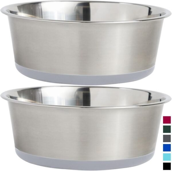 Stainless Steel Metal Dog Bowl Set of 2, Rubber Base, Heavy Duty, Rust Resistant, Food Grade BPA Free, Less Sliding, Quiet Pet Bowls for Cats and Dogs, Holds 3 Cups (24 fl oz), Black