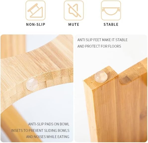 Raised Pet bowls for Cats and Small Dogs, Bamboo Elevated Dog Cat Food and Water Bowls Stand Feeder with 2 Stainless Steel Bowls and Anti Slip Feet (4” Tall-20 oz bowl)