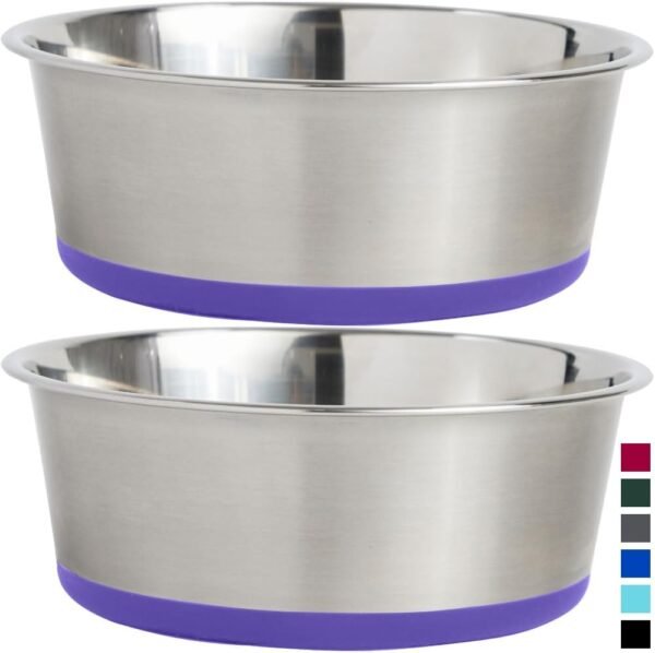 Stainless Steel Metal Dog Bowl Set of 2, Rubber Base, Heavy Duty, Rust Resistant, Food Grade BPA Free, Less Sliding, Quiet Pet Bowls for Cats and Dogs, Holds 3 Cups (24 fl oz), Black