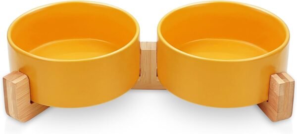 Ceramic Pet Bowls for Dog and Cat, Raised Dog Food and Water Bowl Set with Anti-Slip Wooden Stand, Grey Pets Dish Feeding Bowls Suitable for Small, Medium and Big Cats Dogs, 28 OZ