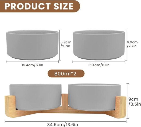 Ceramic Pet Bowls for Dog and Cat, Raised Dog Food and Water Bowl Set with Anti-Slip Wooden Stand, Grey Pets Dish Feeding Bowls Suitable for Small, Medium and Big Cats Dogs, 28 OZ