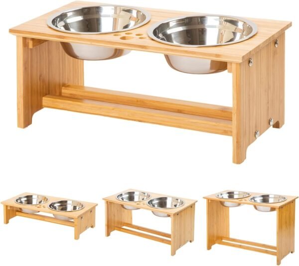 Raised Pet bowls for Cats and Small Dogs, Bamboo Elevated Dog Cat Food and Water Bowls Stand Feeder with 2 Stainless Steel Bowls and Anti Slip Feet (4” Tall-20 oz bowl)