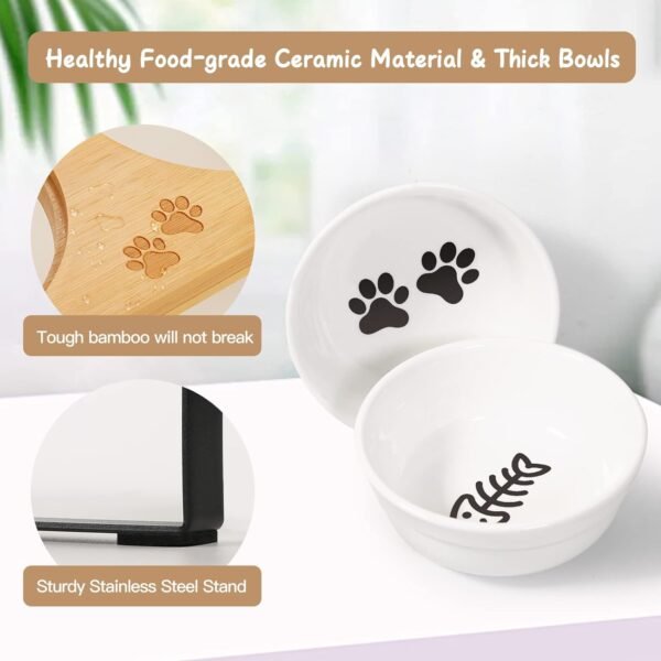 Ceramic Elevated Cat Bowls, 10?? Tilted Raised Cat Food Bowls for Food and Water, Indoor Cat Dishes with Bamboo Stand Anti Vomiting for Cats and Puppy, Pet Bowl Set with Anti Slip Feet, Dishwasher Safe