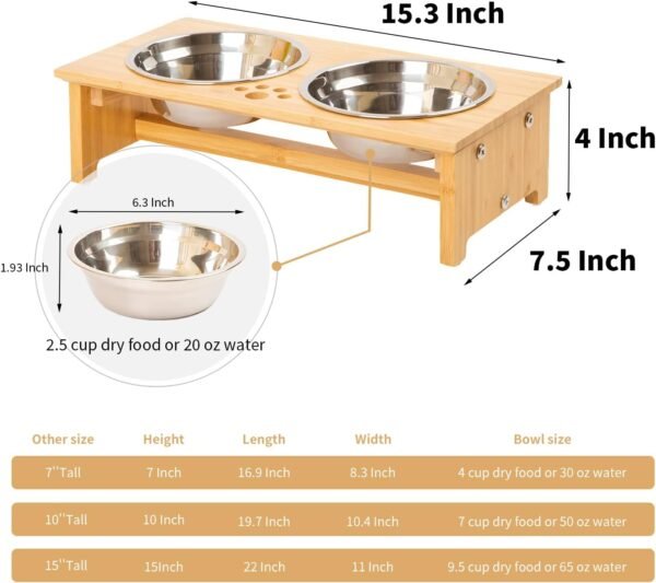 Raised Pet bowls for Cats and Small Dogs, Bamboo Elevated Dog Cat Food and Water Bowls Stand Feeder with 2 Stainless Steel Bowls and Anti Slip Feet (4” Tall-20 oz bowl)