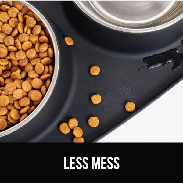 100% Waterproof BPA Free Cat and Dog Bowls Silicone Feeding Mat Set, Stainless Steel Bowl Slip Resistant Raised Edges, Catch Water, Food Mess, No Spills, Pet Accessories, 1 Cup, Black