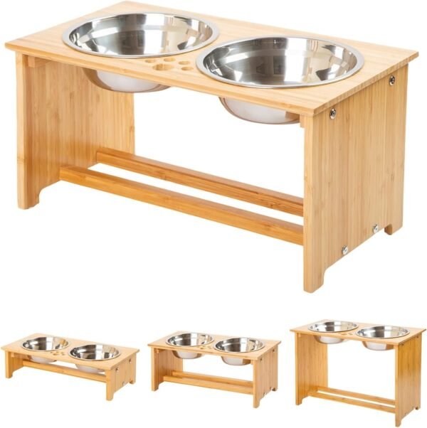 Raised Pet bowls for Cats and Small Dogs, Bamboo Elevated Dog Cat Food and Water Bowls Stand Feeder with 2 Stainless Steel Bowls and Anti Slip Feet (4” Tall-20 oz bowl)