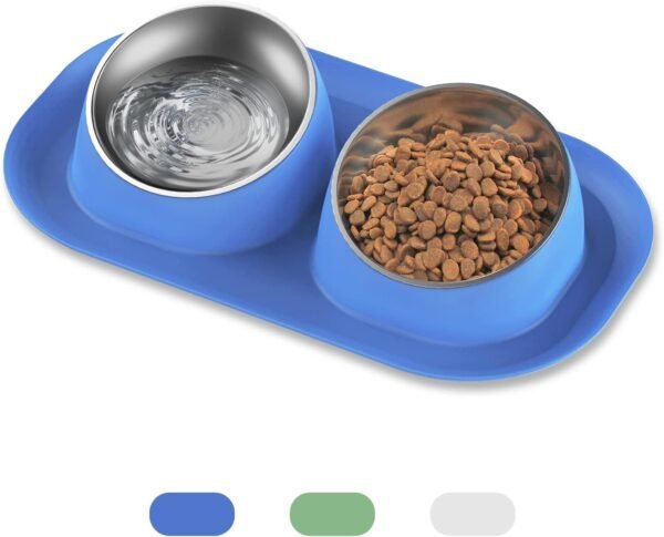 Dog Cat Basic Food and Water Bowl Set, 2 Removable Stainless Steel Feeding Bowls with Non-Slip Leak-Proof Plastic Stand Suitable for Small and Medium Pet Puppy Feeder Tableware Supplies, Grey