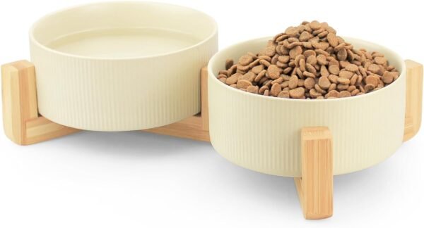 Ceramic Pet Bowls for Dog and Cat, No Spill Dog Food and Water Bowl Set with Anti-Slip Wooden Stand, Riased Puppy Feeding Dishes Suitable for Small, Medium and Large Cats Dogs, Green 28 OZ
