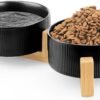 Ceramic Pet Bowls for Dog and Cat, No Spill Dog Food and Water Bowl Set with Anti-Slip Wooden Stand, Riased Puppy Feeding Dishes Suitable for Small, Medium and Large Cats Dogs, Green 28 OZ