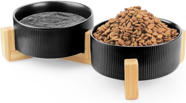Ceramic Pet Bowls for Dog and Cat, No Spill Dog Food and Water Bowl Set with Anti-Slip Wooden Stand, Riased Puppy Feeding Dishes Suitable for Small, Medium and Large Cats Dogs, Green 28 OZ