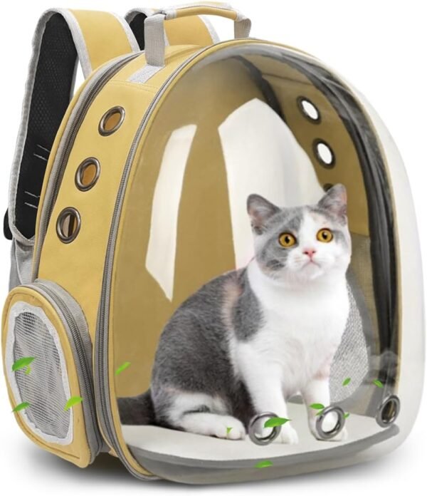 61QBA70ae8L._AC_SL1200 Cat Backpack/Cat Backpack Bubble Expandable Foldable Breathable for Small Medium Dogs Cats, Space Capsule Bubble Window Pet Carrier Backpack for Hiking, Travelling (Yellow)