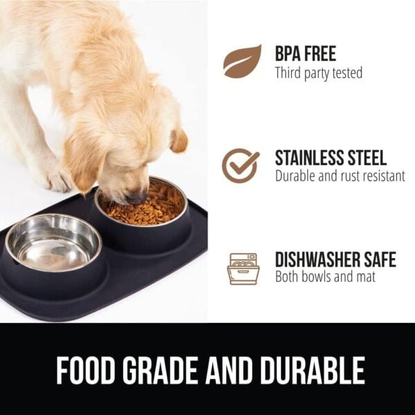100% Waterproof BPA Free Cat and Dog Bowls Silicone Feeding Mat Set, Stainless Steel Bowl Slip Resistant Raised Edges, Catch Water, Food Mess, No Spills, Pet Accessories, 1 Cup, Black