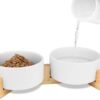 Ceramic Pet Bowls for Dog and Cat, Raised Dog Food and Water Bowl Set with Anti-Slip Wooden Stand, Grey Pets Dish Feeding Bowls Suitable for Small, Medium and Big Cats Dogs, 28 OZ