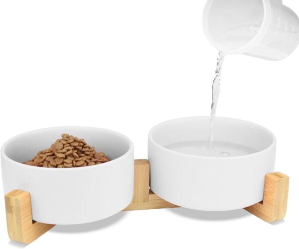 Ceramic Pet Bowls for Dog and Cat, Raised Dog Food and Water Bowl Set with Anti-Slip Wooden Stand, Grey Pets Dish Feeding Bowls Suitable for Small, Medium and Big Cats Dogs, 28 OZ