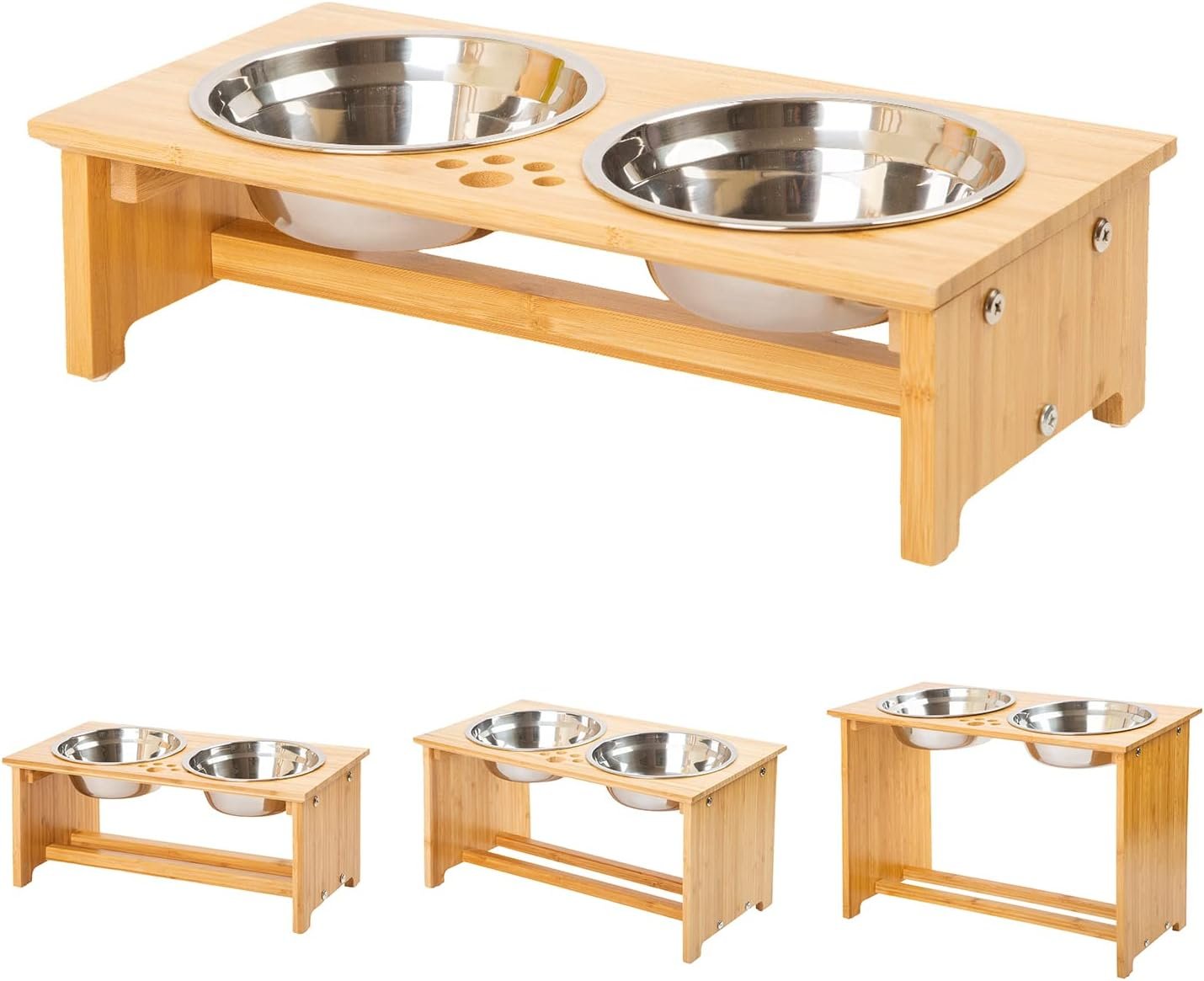 Raised Pet bowls for Cats and Small Dogs, Bamboo Elevated Dog Cat Food and Water Bowls Stand Feeder with 2 Stainless Steel Bowls and Anti Slip Feet (4” Tall-20 oz bowl)