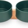 Ceramic Pet Bowls for Dog and Cat, Raised Dog Food and Water Bowl Set with Anti-Slip Wooden Stand, Grey Pets Dish Feeding Bowls Suitable for Small, Medium and Big Cats Dogs, 28 OZ