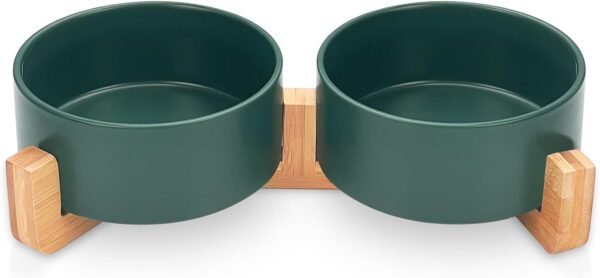 Ceramic Pet Bowls for Dog and Cat, Raised Dog Food and Water Bowl Set with Anti-Slip Wooden Stand, Grey Pets Dish Feeding Bowls Suitable for Small, Medium and Big Cats Dogs, 28 OZ