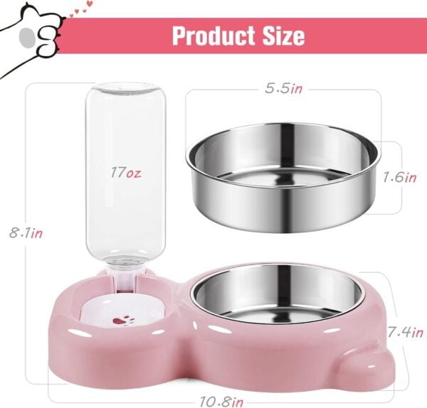 Dog Bowls, Cat Food and Water Bowl Set with Water Dispenser and Stainless Steel Bowl for Cats and Small Dogs – Pink