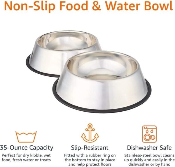 Basics Stainless Steel Non-Skid Pet Dog Water And Food Bowl, 2-Pack (10 x 2.8 Inches), Each Holds Up to 4 Cups
