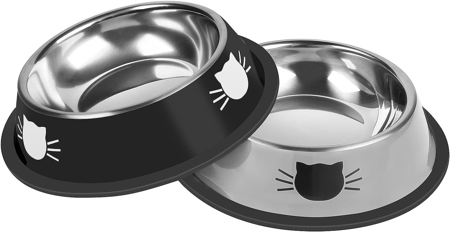 2Pcs Cat Bowls Non-Slip Stainless Steel Small Cat Food Bowls Unbreakable Thicken Cat Feeder 7 Oz Cat Dishes Suitable for Indoor Small Pets Removable Rubber Base Easily Clean Lovely Color