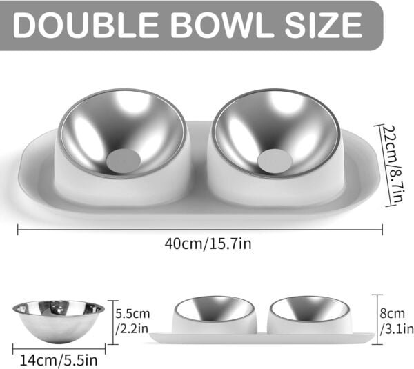 Dog Cat Basic Food and Water Bowl Set, 2 Removable Stainless Steel Feeding Bowls with Non-Slip Leak-Proof Plastic Stand Suitable for Small and Medium Pet Puppy Feeder Tableware Supplies, Grey