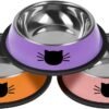 2Pcs Cat Bowls Non-Slip Stainless Steel Small Cat Food Bowls Unbreakable Thicken Cat Feeder 7 Oz Cat Dishes Suitable for Indoor Small Pets Removable Rubber Base Easily Clean Lovely Color