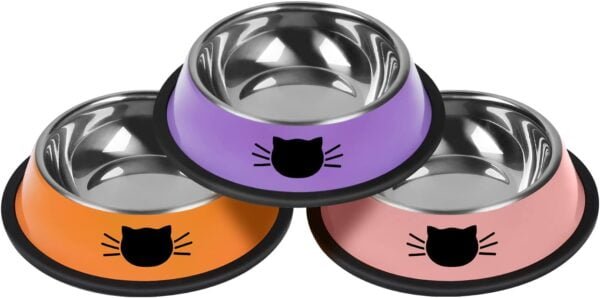 2Pcs Cat Bowls Non-Slip Stainless Steel Small Cat Food Bowls Unbreakable Thicken Cat Feeder 7 Oz Cat Dishes Suitable for Indoor Small Pets Removable Rubber Base Easily Clean Lovely Color