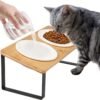 Ceramic Elevated Cat Bowls, Raised Puppy Dishes for Food and Water, Tilted Bamboo Stand for Anti Vomiting, Indoor 5.5 inch Wide Double Dish Orthopedic Anti-Vomiting (Brown)
