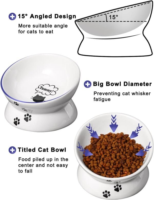 Cat Bowl Anti Vomiting, Raised Cat Food Bowls, Tilted Elevated Cat Bowl, Ceramic Pet Food Bowl for Flat Faced Cats, Small Dogs, Protect Pet’s Spine, Dishwasher Safe