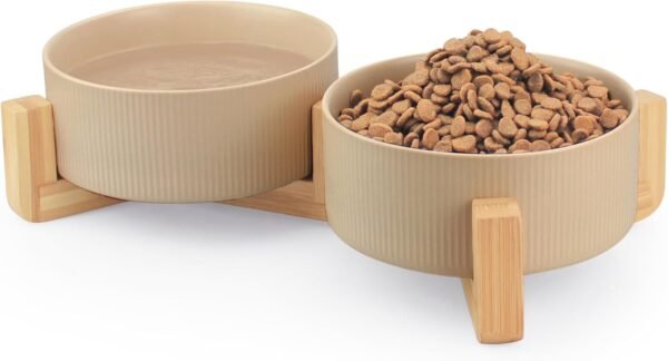 Ceramic Pet Bowls for Dog and Cat, No Spill Dog Food and Water Bowl Set with Anti-Slip Wooden Stand, Riased Puppy Feeding Dishes Suitable for Small, Medium and Large Cats Dogs, Green 28 OZ