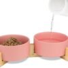 Ceramic Pet Bowls for Dog and Cat, Raised Dog Food and Water Bowl Set with Anti-Slip Wooden Stand, Grey Pets Dish Feeding Bowls Suitable for Small, Medium and Big Cats Dogs, 28 OZ