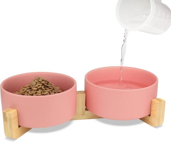 Ceramic Pet Bowls for Dog and Cat, Raised Dog Food and Water Bowl Set with Anti-Slip Wooden Stand, Grey Pets Dish Feeding Bowls Suitable for Small, Medium and Big Cats Dogs, 28 OZ