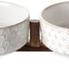 Dog Bowls Ceramic, Bowl Set with Acacia Wood Stand, 3 Cups Dog Food and Water Bowl for Small Medium Sized, Weighted Dog, Pet Bowls