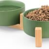 Ceramic Pet Bowls for Dog and Cat, No Spill Dog Food and Water Bowl Set with Anti-Slip Wooden Stand, Riased Puppy Feeding Dishes Suitable for Small, Medium and Large Cats Dogs, Green 28 OZ