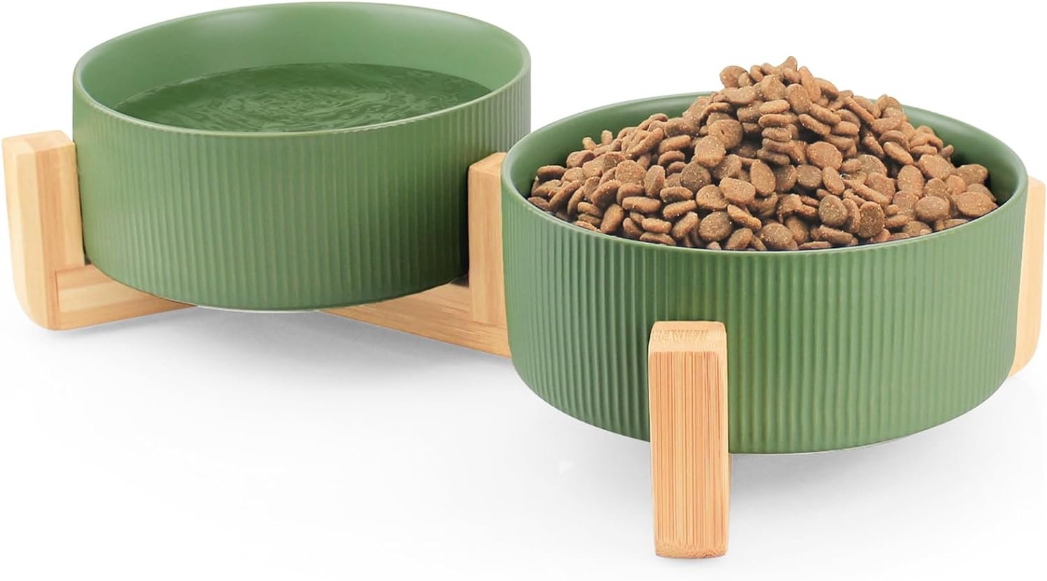 Ceramic Pet Bowls for Dog and Cat, No Spill Dog Food and Water Bowl Set with Anti-Slip Wooden Stand, Riased Puppy Feeding Dishes Suitable for Small, Medium and Large Cats Dogs, Green 28 OZ