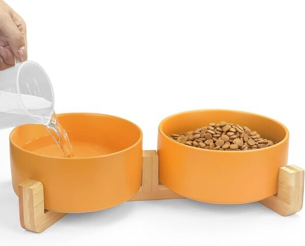 Ceramic Pet Bowls for Dog and Cat, Raised Dog Food and Water Bowl Set with Anti-Slip Wooden Stand, Grey Pets Dish Feeding Bowls Suitable for Small, Medium and Big Cats Dogs, 28 OZ