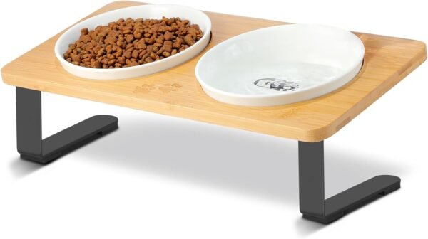 Ceramic Elevated Cat Bowls, 10?? Tilted Raised Cat Food Bowls for Food and Water, Indoor Cat Dishes with Bamboo Stand Anti Vomiting for Cats and Puppy, Pet Bowl Set with Anti Slip Feet, Dishwasher Safe