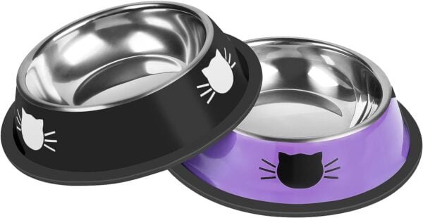 2Pcs Cat Bowls Non-Slip Stainless Steel Small Cat Food Bowls Unbreakable Thicken Cat Feeder 7 Oz Cat Dishes Suitable for Indoor Small Pets Removable Rubber Base Easily Clean Lovely Color