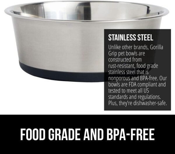 Stainless Steel Metal Dog Bowl Set of 2, Rubber Base, Heavy Duty, Rust Resistant, Food Grade BPA Free, Less Sliding, Quiet Pet Bowls for Cats and Dogs, Holds 3 Cups (24 fl oz), Black