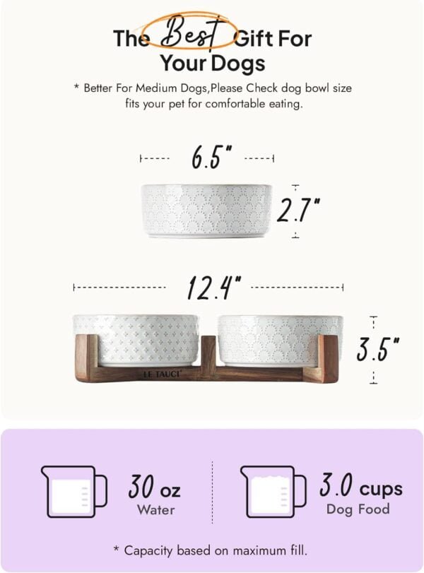 Dog Bowls Ceramic, Bowl Set with Acacia Wood Stand, 3 Cups Dog Food and Water Bowl for Small Medium Sized, Weighted Dog, Pet Bowls