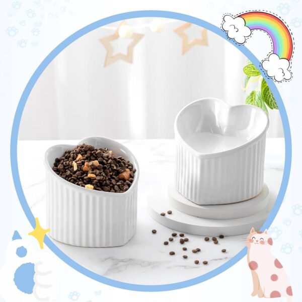 71-NPxYBrSL._AC_SL1500 2 Pcs Ceramic Elevated Cat Bowls Tilted Elevated Raised Cat Bowls Anti Vomit Cat Bowls for Indoor Cats Stress Free Water Dish Feeder for Cats Puppies, Heart Shaped(Pearly White)