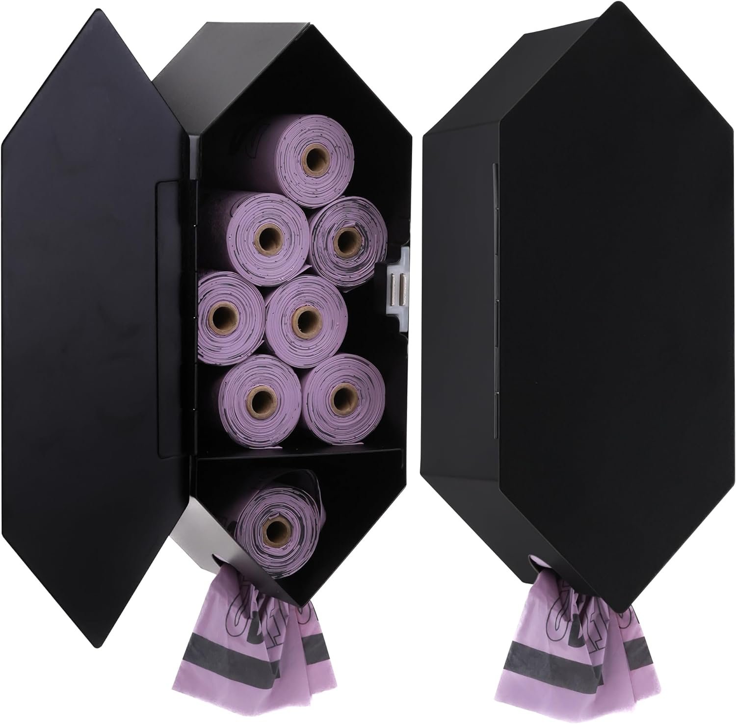 Dog Poop Bag Dispenser with 8 Poop Bag Rolls, Stainless-Steel Dog Bag Holder with Magnetic Door Closure, Indoor and Outdoor Poop Bag Dispenser, Holds 8-9 Rolls, 7.75″ x 3.25″, Black